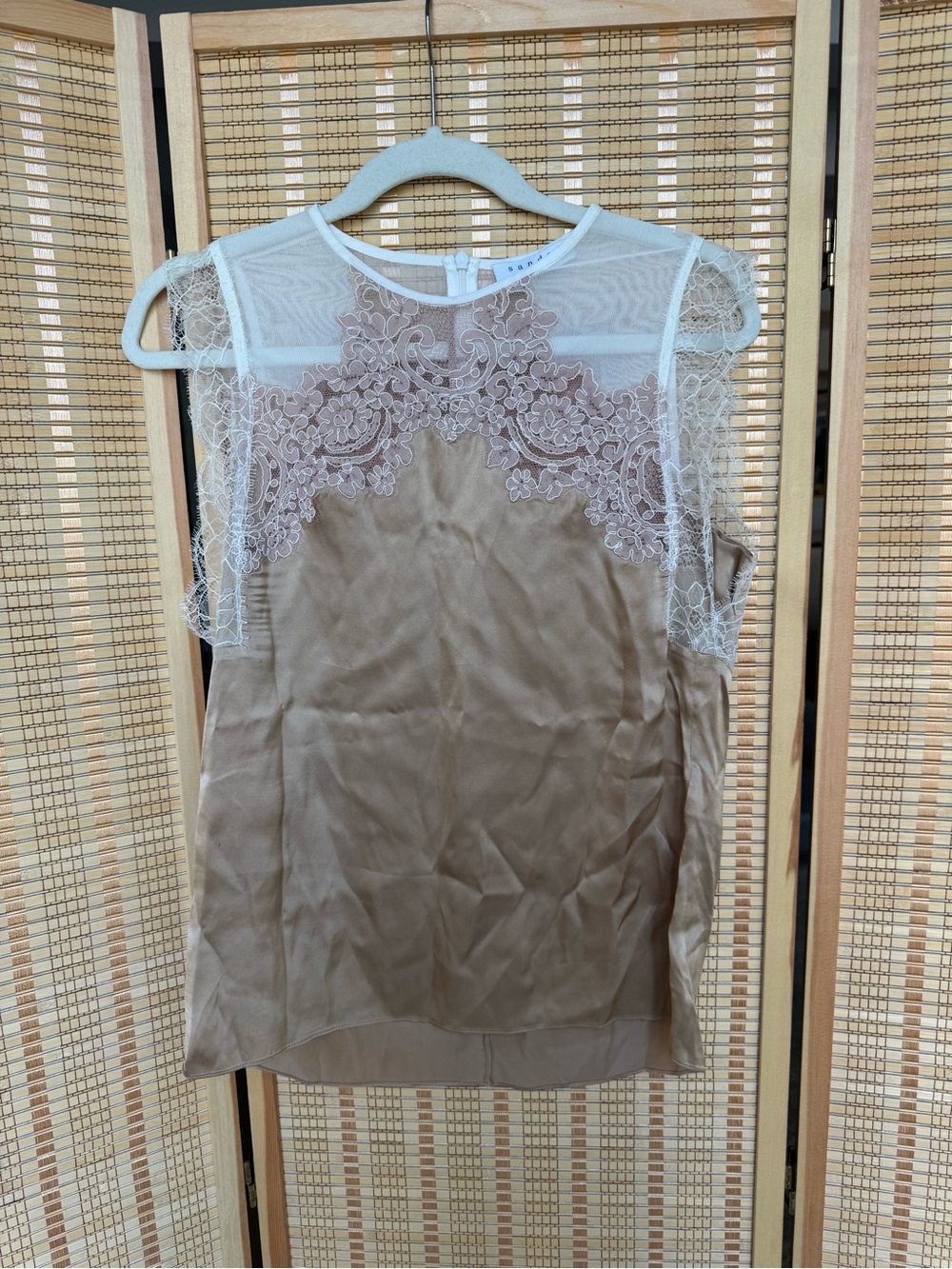 Sandro Ivory and Taupe Lace-Trim Sleeveless Top